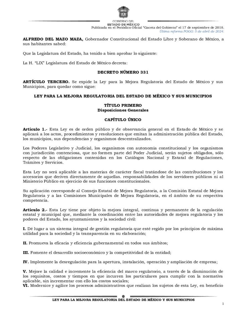 thumbnail of Ley para la Mejora Regulatoria del Estado de México y sus Municipios