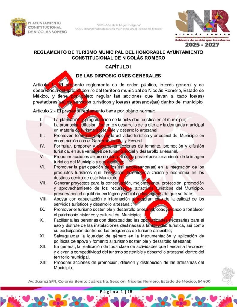 thumbnail of Reglamento de Turismo Municipal del Honorable Ayuntamiento Constitucional de Nicolas Romero