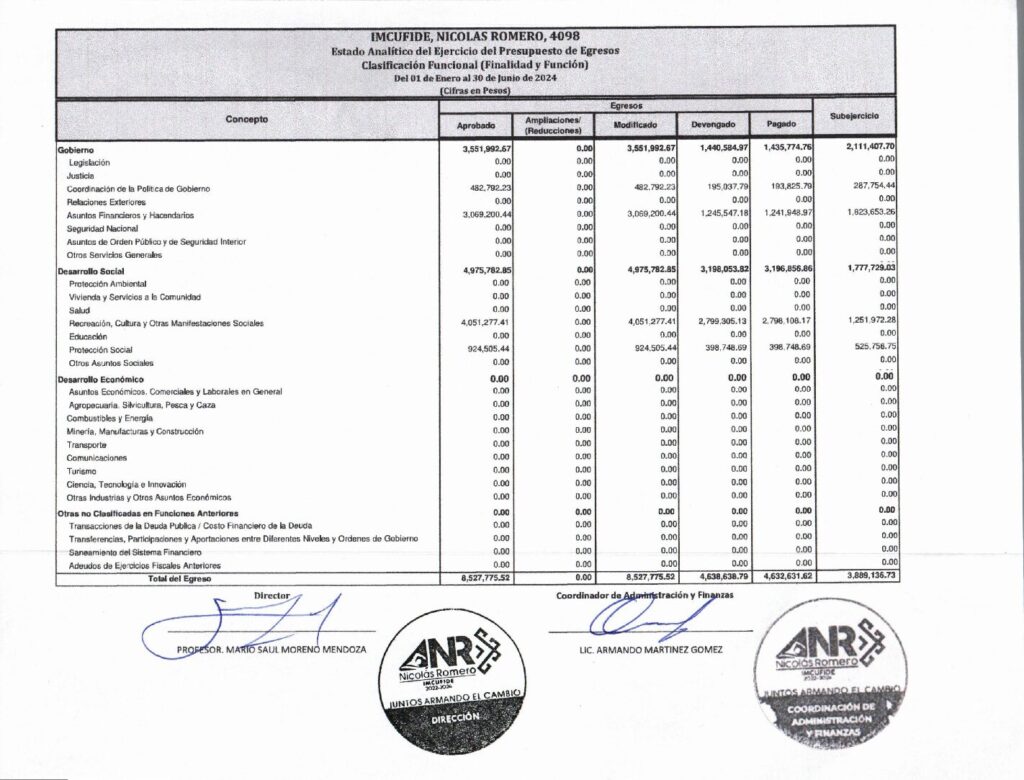 thumbnail of Estado Analitico del Ejercicio del Presupuesto de Egresos, Clasificacion Funcional