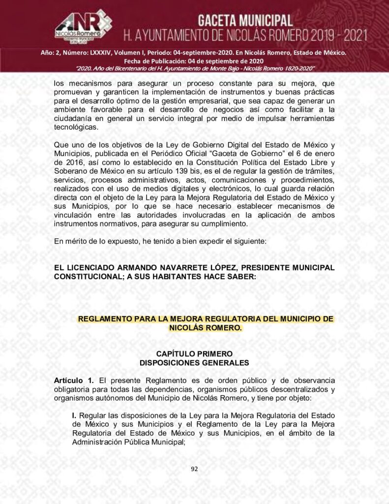 thumbnail of 3 Reglamento de Mejora Regulatoria para Nicolas Romero GACETA 84_ 04-09-2020